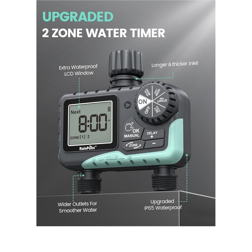 12N30/RAINPOINT Sprinkler Timer 2Outlet,Water Timer forGarden Hose, Programmable